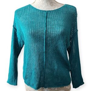 Eileen Fisher Teal Knit Women's Sweater, Fisherman Core, Organic Linen Sz. Small